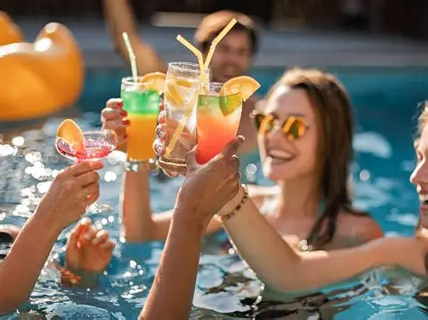 Colorful Cocktails Over Pool - Vibrant cocktails held over turquoise pool water